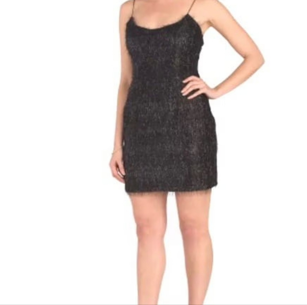 Aidan Mattox LBD Black Sparkle Fringe Slip Mini Dress Size 0